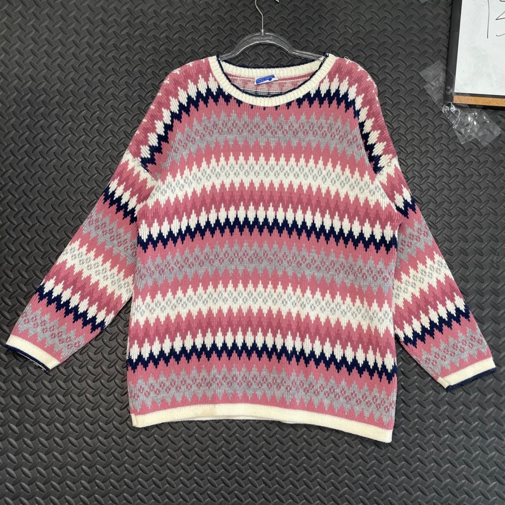 Vintage Cape Cod Sportswear Pink Cream Stripe Geometric Pullover Sweater‎ Sz XL